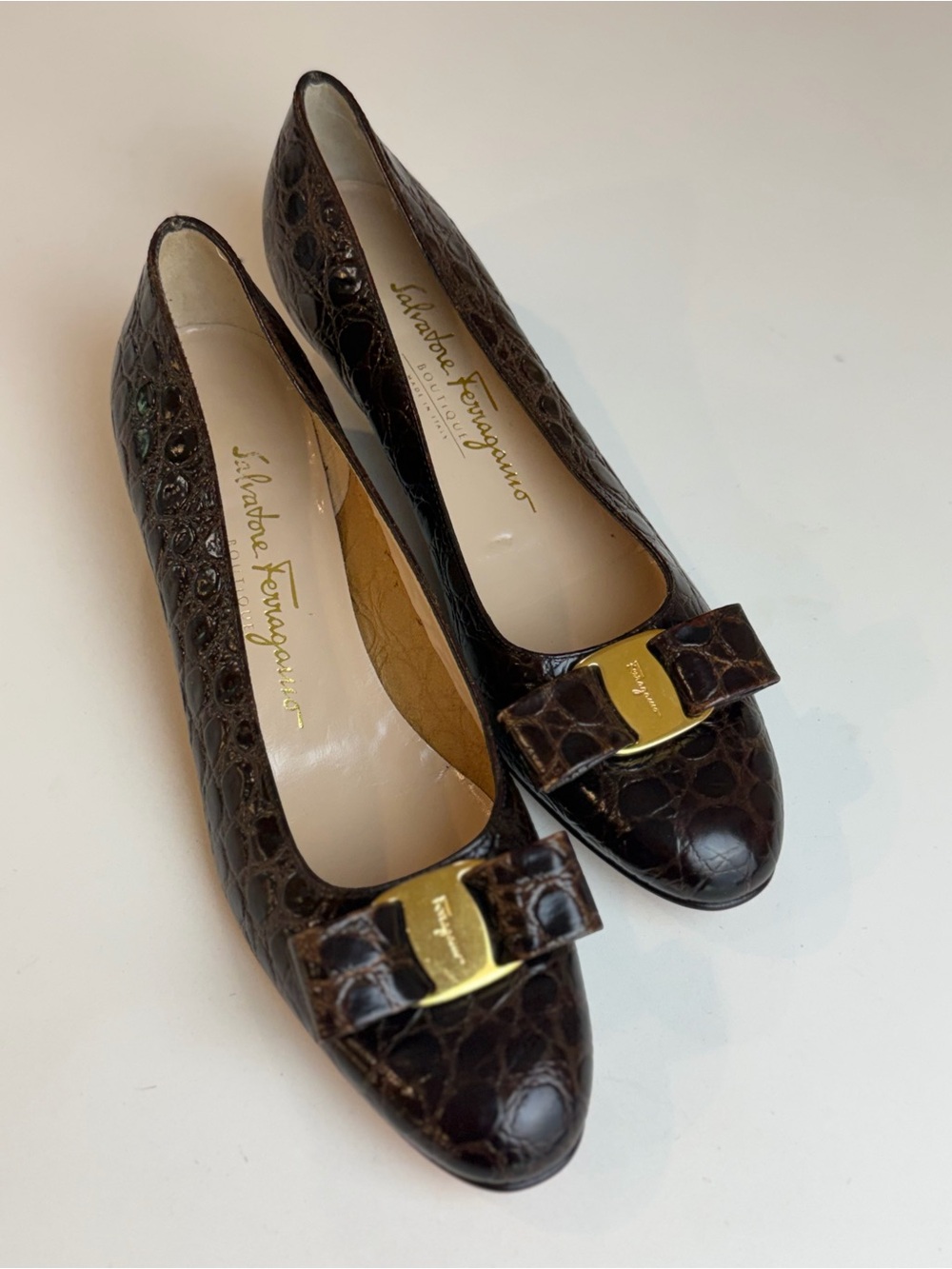 Salvatore Ferragamo Dark Brown Croc-Embossed Vara Bow Flats